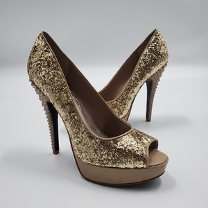 Rachel Roy Gold Metallic Glitter Heels Spikey Peep Toe NEW